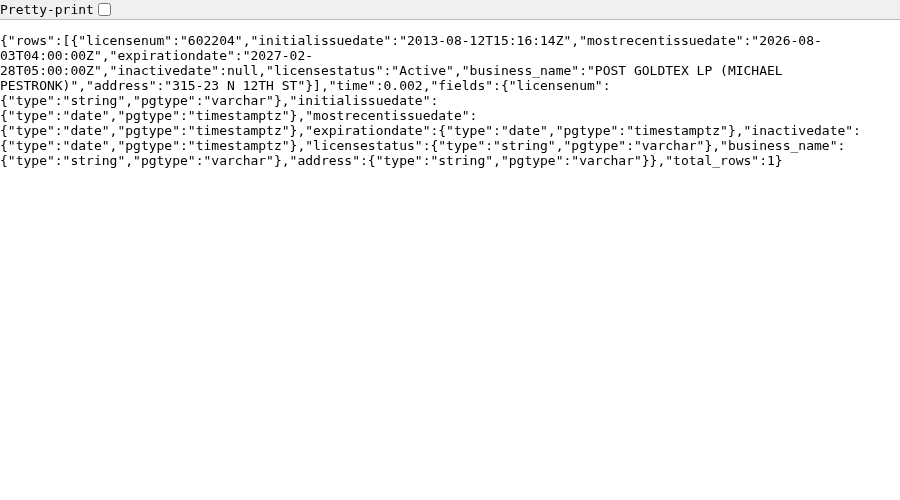 Screenshot of the raw JSON response from the City of Philadelphia's Carto SQL API for license 602204, showing mostrecentissuedate of 2026-08-03
