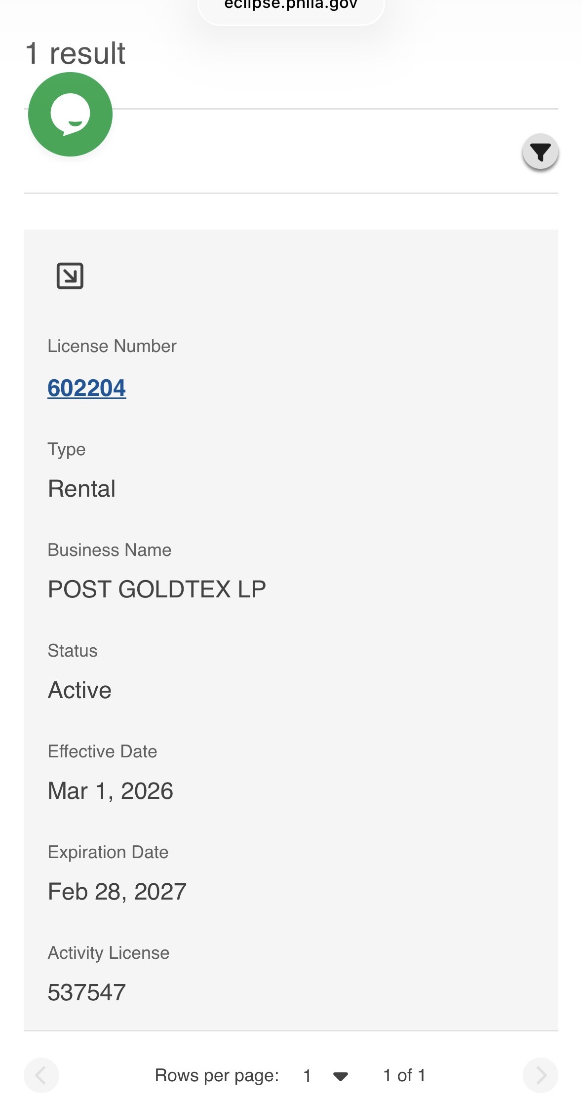 Screenshot of the eclipse.phila.gov public license search for license 602204, showing Effective Date of Mar 1, 2026