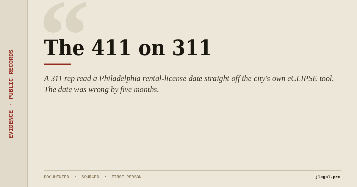 The 411 on 311 — a struck-through 411 on an old rotary phone dial, and a red stamp reading 311, now the number that gets it wrong